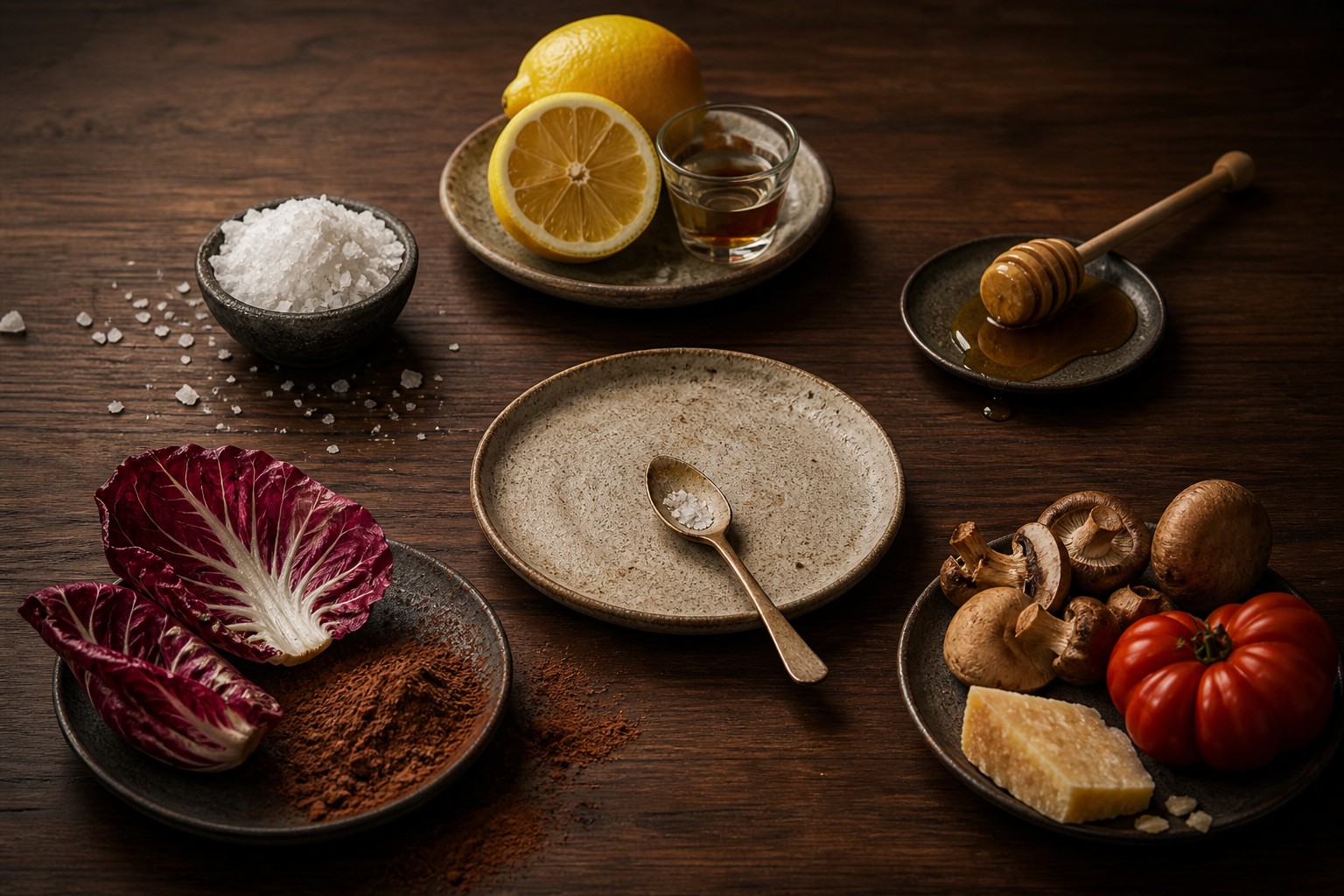 Ingrediënten voor zout, zuur, zoet, bitter en umami rond een proefbord op donker hout