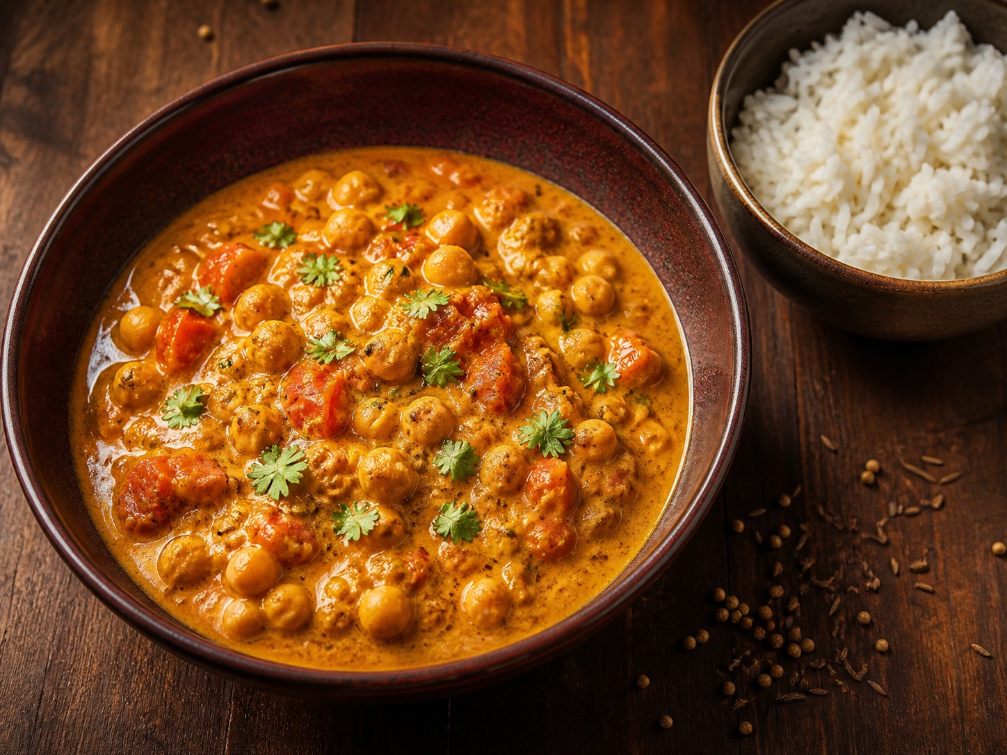 Romige kikkererwtencurry met tomaat en rijst