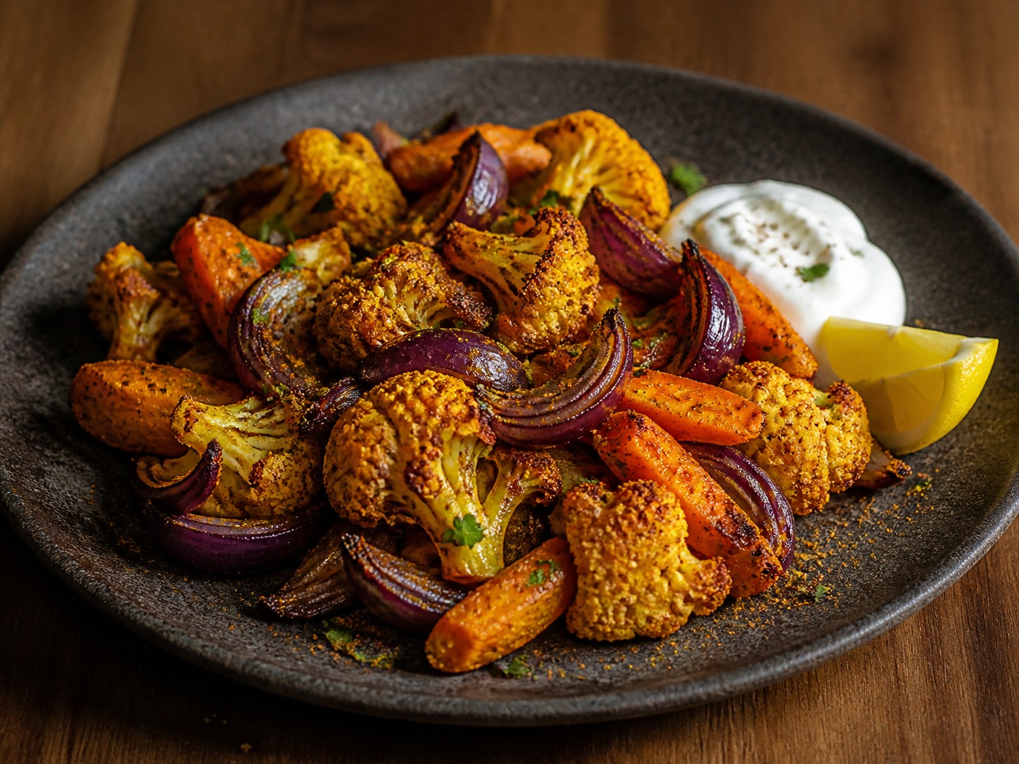 Kruidige geroosterde bloemkool, wortel en rode ui met yoghurt