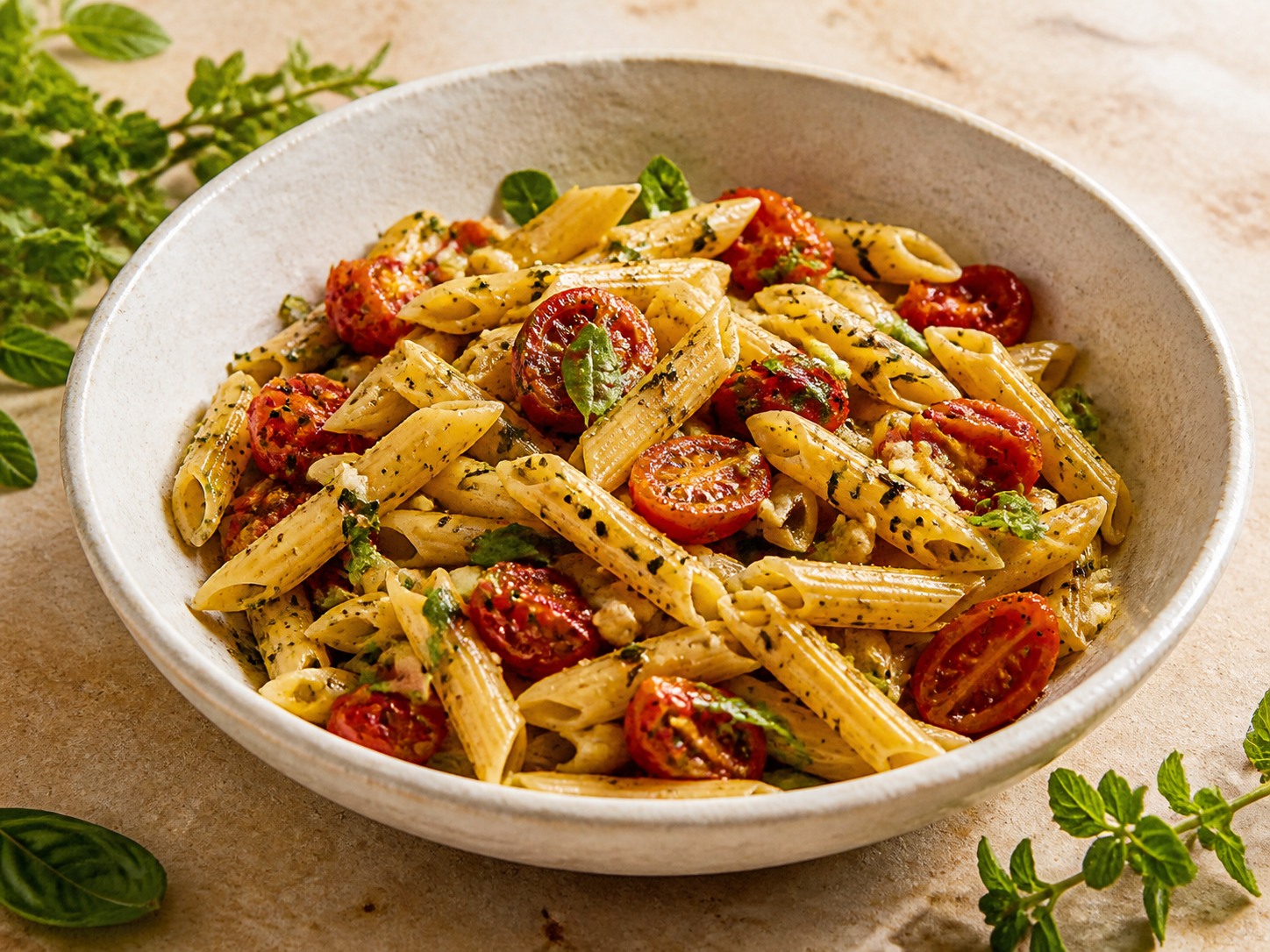 Mediterrane pasta met tomaat, basilicum en oregano