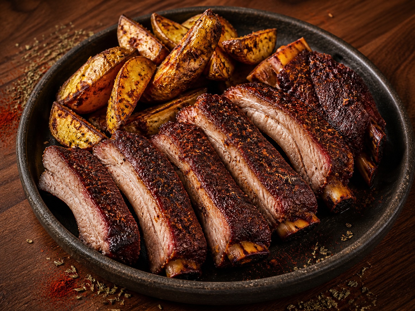 Smokey spareribs met donkere kruidenkorst en aardappelparten
