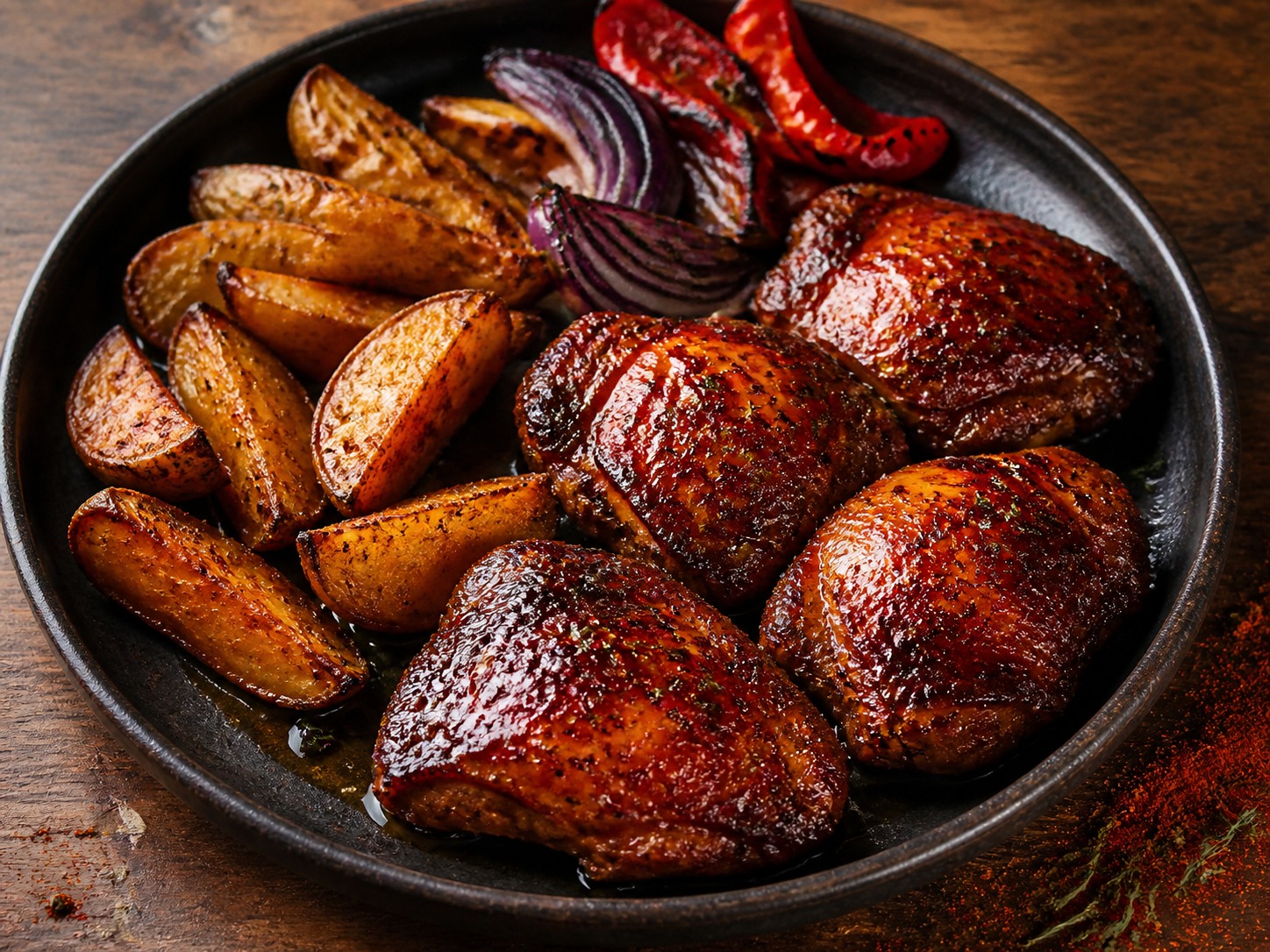 Sticky BBQ-kip met geroosterde aardappel en paprika
