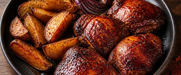 Sticky BBQ-kip met geroosterde aardappel en paprika