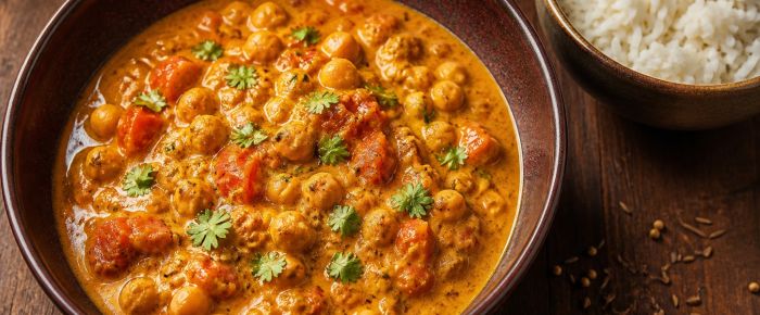 Romige kikkererwtencurry met tomaat en rijst