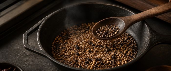 Hele komijn- en korianderzaden die zacht worden geroosterd in een donkere pan
