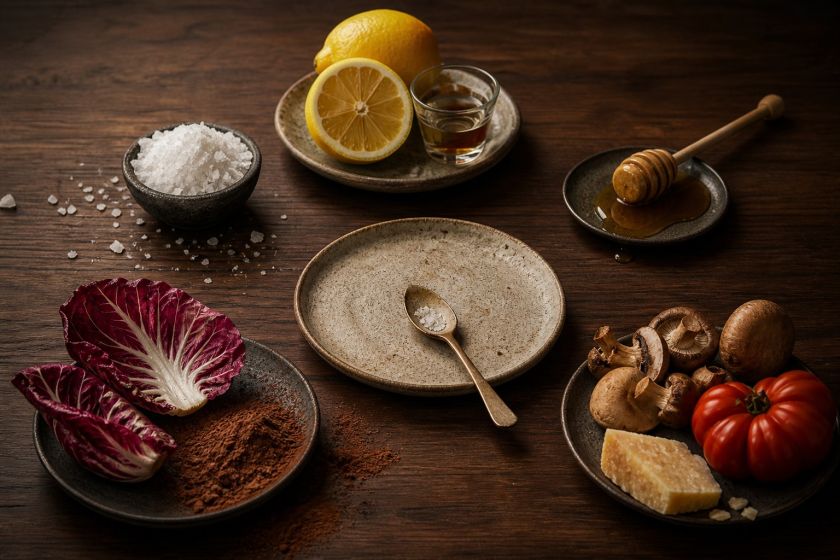Ingrediënten voor zout, zuur, zoet, bitter en umami rond een proefbord op donker hout
