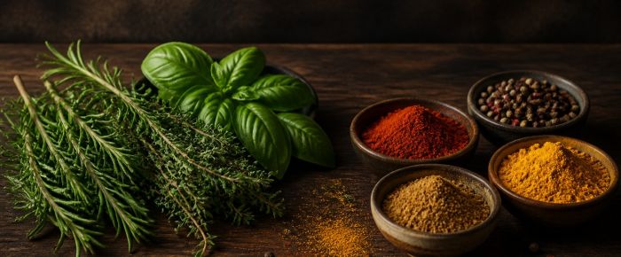 Verse groene kruiden naast warme gemalen specerijen op een donkere werktafel