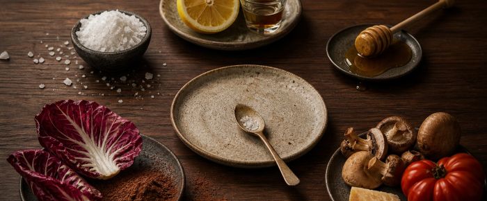 Ingrediënten voor zout, zuur, zoet, bitter en umami rond een proefbord op donker hout