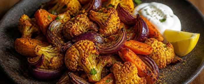 Kruidige geroosterde bloemkool, wortel en rode ui met yoghurt
